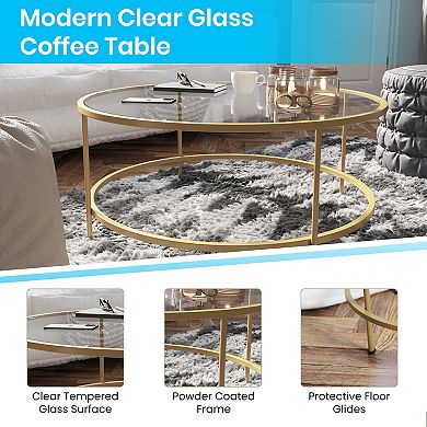 Merrick Lane Newbury Glass Coffee Table with Round Matte Black Frame and Vertical Legs