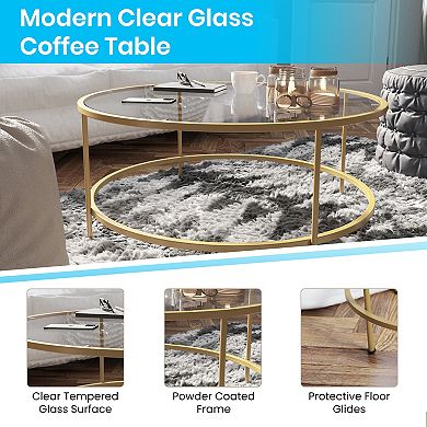 Merrick Lane Round Glass Coffee Table with Round Brushed Gold Frame