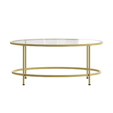 Merrick Lane Newbury Glass Coffee Table with Round Matte Black Frame and Vertical Legs