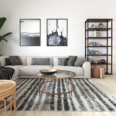 Merrick Lane Newbury Glass Coffee Table with Round Matte Black Frame and Vertical Legs