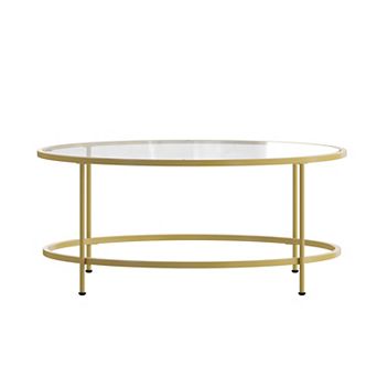 Merrick Lane Newbury Glass Coffee Table with Round Matte Black Frame and Vertical Legs