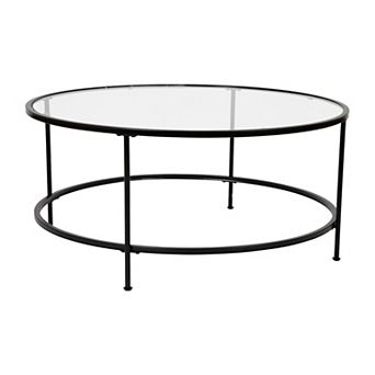 Merrick Lane Newbury Glass Coffee Table with Round Matte Black Frame and Vertical Legs