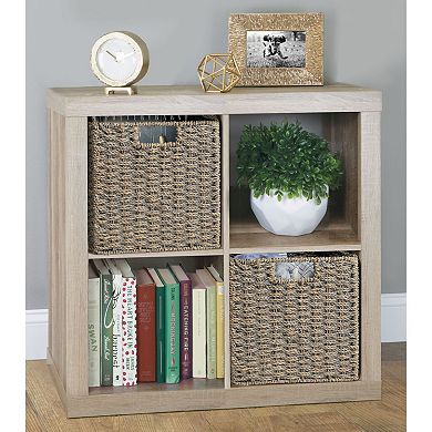 mDesign Seagrass Woven Cube Bin Basket Organizer, Handles, 4 Pack - Natural/Tan