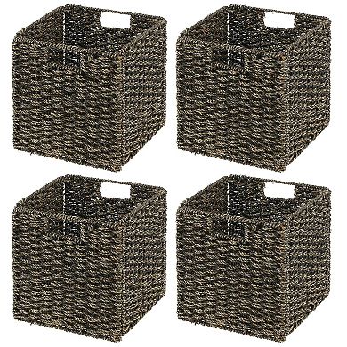 mDesign Seagrass Woven Cube Bin Basket Organizer, Handles, 4 Pack - Natural/Tan