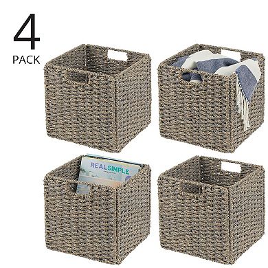 mDesign Seagrass Woven Cube Bin Basket Organizer, Handles, 4 Pack - Natural/Tan