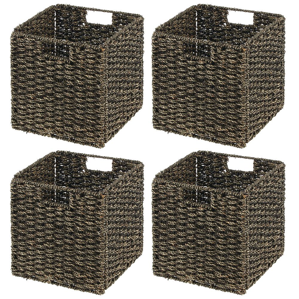 mDesign Seagrass Woven Cube Bin Basket Organizer, Handles, 4 Pack - Natural/Tan