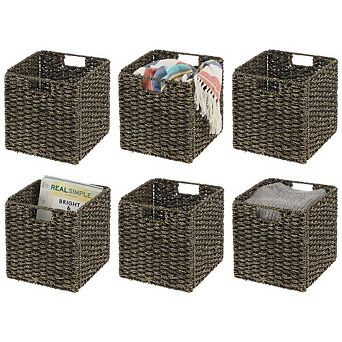 mDesign Seagrass Woven Cube Bin Basket Organizer, Handles, 4 Pack, Black Wash