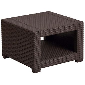 Merrick Lane Malmok Outdoor Furniture Side Table Chocolate Brown Faux Rattan Wicker Pattern All-Weather Patio Side Table With Shelving