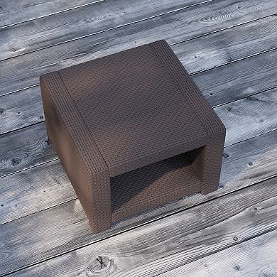 Merrick Lane Malmok Outdoor Furniture Side Table Chocolate Brown Faux Rattan Wicker Pattern All-Weather Patio Side Table With Shelving
