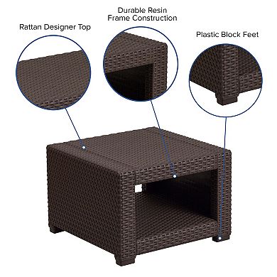 Merrick Lane Malmok Outdoor Furniture Side Table Chocolate Brown Faux Rattan Wicker Pattern All-Weather Patio Side Table With Shelving