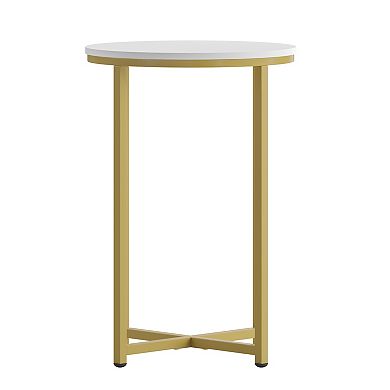 Merrick Lane Fairdale White Marble Finish End Table with Round Brushed Gold Cross Brace Frame