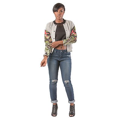 Poetic Justice Curvy Women's French Terry Marble Printed Baseball Jacket Raw-edge cuff & Hem