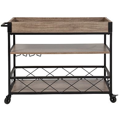 Merrick Lane Brookville Rolling Kitchen Serving and Bar Cart with Shelves and Wine Glass Holders in Distressed Light Oak Wood and Black Iron