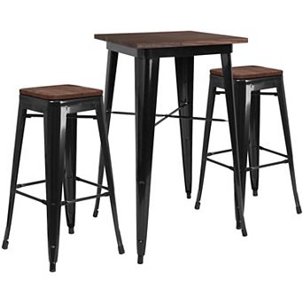 Merrick Lane 3 pc Bar Table and Stools Set with 23.5" Square Black Metal Table with Wood Top and 2 Matching Bar Stools