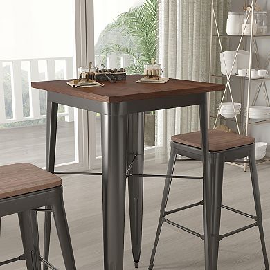 Merrick Lane 3 Piece Bar Table and Stools Set with 23.5" Square Black Metal Table with Wood Top and 2 Matching Bar Stools