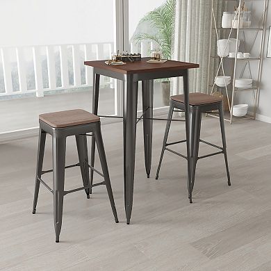 Merrick Lane 3 Piece Bar Table and Stools Set with 23.5" Square Black Metal Table with Wood Top and 2 Matching Bar Stools