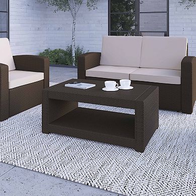 Merrick Lane Malmok Outdoor Furniture Coffee Table Chocolate Brown Faux Rattan Wicker Pattern All-Weather Patio Coffee Table With Shelving