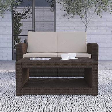Merrick Lane Malmok Outdoor Furniture Coffee Table Chocolate Brown Faux Rattan Wicker Pattern All-Weather Patio Coffee Table With Shelving