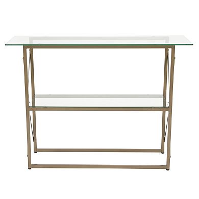 Merrick Lane Harlowe Console Table Modern Clear Glass Sofa Table with Gold Crisscross Frame and 2 Tempered Glass Shelves