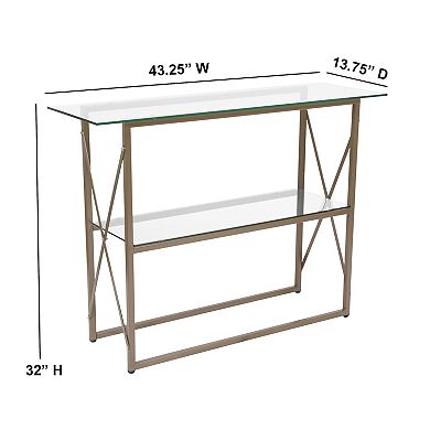 Merrick Lane Harlowe Console Table Modern Clear Glass Sofa Table with Gold Crisscross Frame and 2 Tempered Glass Shelves