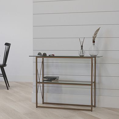 Merrick Lane Harlowe Console Table Modern Clear Glass Sofa Table with Gold Crisscross Frame and 2 Tempered Glass Shelves