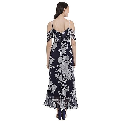 Petite London Times Print Cold Shoulder Ruffle Maxi Dress