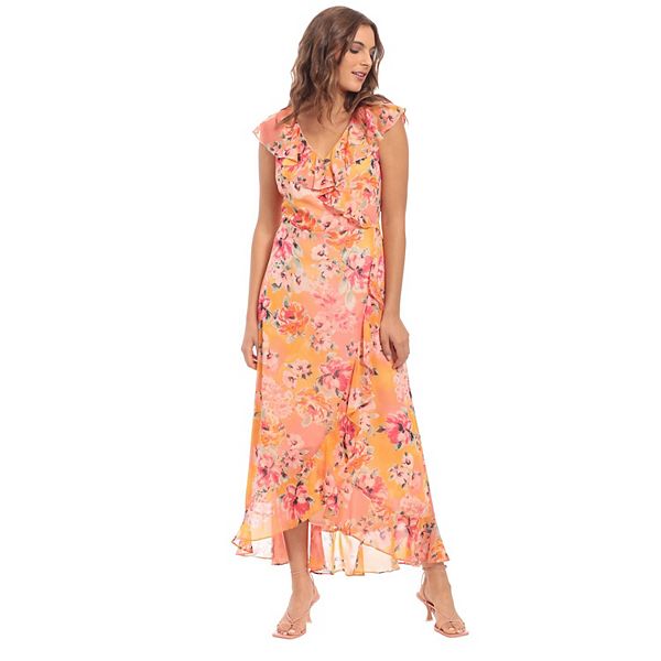 Petite London Times Floral Print Ruffle Wrap Maxi Dress