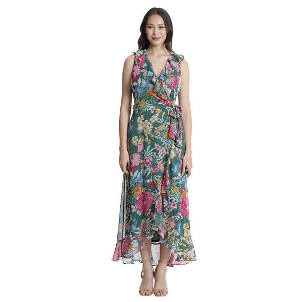 London Times Women's Floral Pint Side Tie Ruffle Wrap Maxi Dress