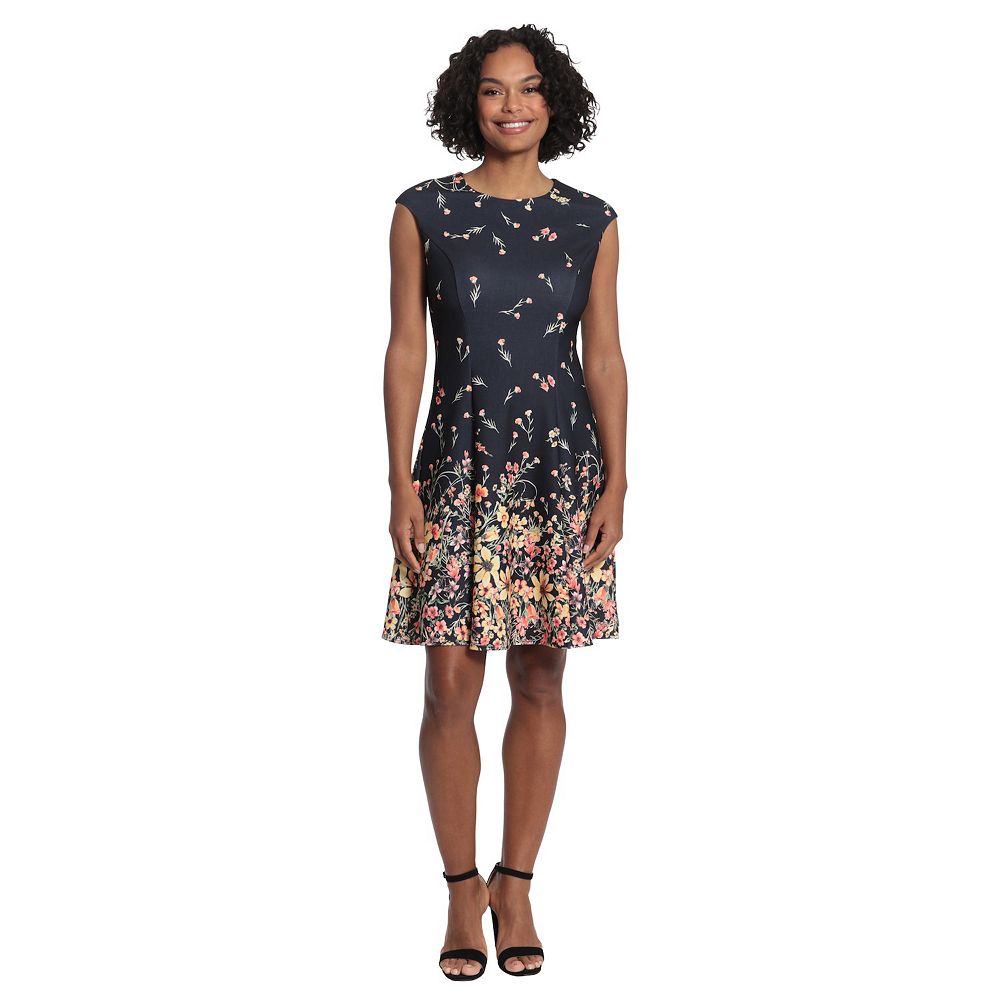 London Times Women's Printed Fit & Flare Dress Black Size 14 Petite main image 1