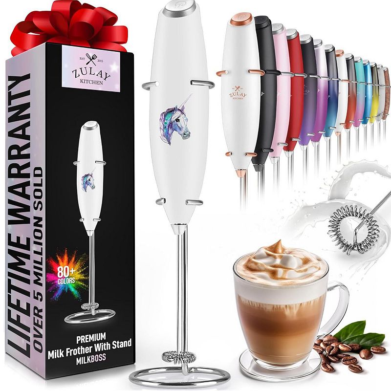 Zulay Kitchen Premium Gift Milk Frother Complete Set - Handheld Foam Maker, Stencils & Frothing Pitcher Set - Whisk Drink Mixer for Coffee - Mini