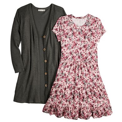 Girls 4-16 Knit Works Tiered Dress & Button-Down Knit Cardigan Set in Regular & Plus Size