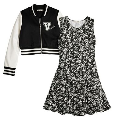 Girls 7-16 Knit Works Floral Print Dress & Cropped Varsity Letterman Jacket Set in Regular & Plus Size
