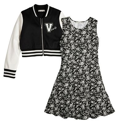 Girls 7 16 Knit Works Floral Print Dress Cropped Varsity Letterman Jacket Set in Regular