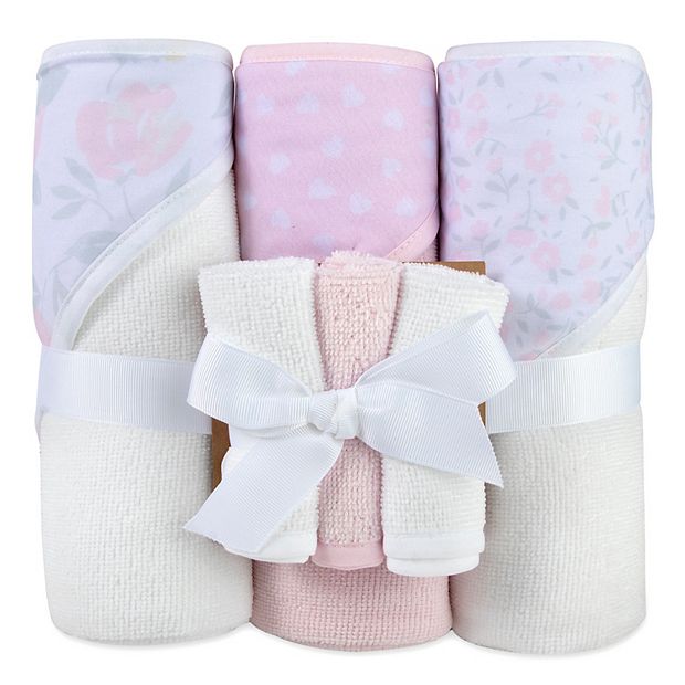 Baby Essentials 6 Piece Floral Hearts Hooded Towels Washcloths Set