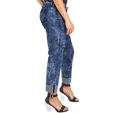 Poetic Justice Women's Curvy Fit Stretch Encrusted Diamond Boyfriend Jeans