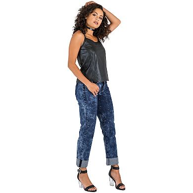 Poetic Justice Women's Curvy Fit Stretch Encrusted Diamond Boyfriend Jeans