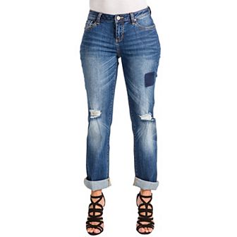 Poetic Justice Women's Curvy Fit Denim Medium Whisker Destroyed Boyfriend Jeans