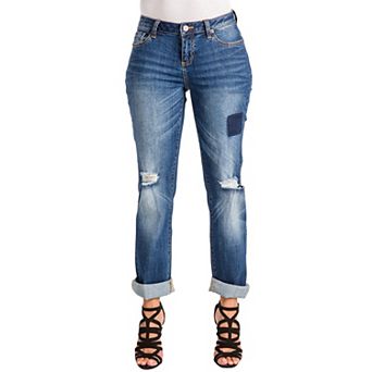 Poetic Justice Women's Curvy Fit Denim Medium Whisker Destroyed Boyfriend Jeans