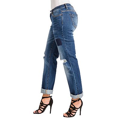 Poetic Justice Women's Curvy Fit Denim Medium Whisker Destroyed Boyfriend Jeans