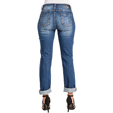 Poetic Justice Women's Curvy Fit Denim Medium Whisker Destroyed Boyfriend Jeans