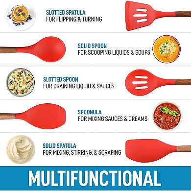 Zulay Kitchen Non-Stick Silicone Utensils Set (5-Piece) with Authentic Acacia Wood Handles