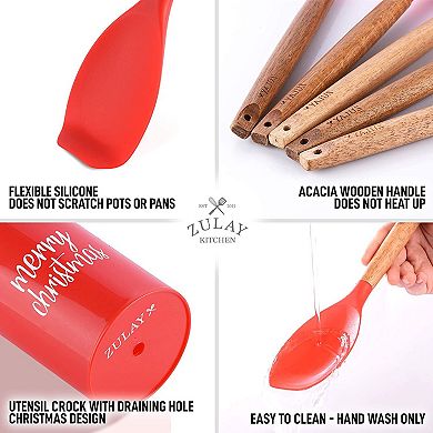Zulay Kitchen Non-Stick Silicone Utensils Set (5-Piece) with Authentic Acacia Wood Handles