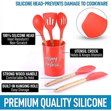 Zulay Kitchen Non-Stick Silicone Utensils Set (5-Piece) with Authentic Acacia Wood Handles