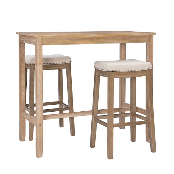 3pc Claridge Backless Stools Bar Height Dining Set Natural - Linon: Acacia Wood, Linen Upholstery, Nailhead Trim