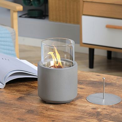 HOMCOM Tabletop Fireplace, Mini Concrete Ethanol Fire Bowl with Lid, Burns up with Liquid Alcohol and Solid Tablet Alcohol