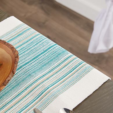 72" Table Runner with Fringed Teal Blue Stripes Design