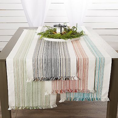 72" Table Runner with Fringed Teal Blue Stripes Design