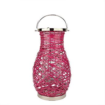 18.5" Modern Fuchsia Pink Decorative Woven Iron Pillar Candle Lantern with Glass Hurricane