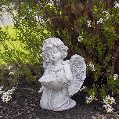 9" Kneeling Angel with Flower Bird Feeder Outdoor Garden Statue