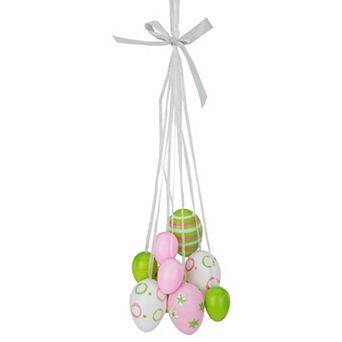 11.75" Pastel Pink Green and White Floral Striped Spring Easter Egg Cluster Hanging Decoration